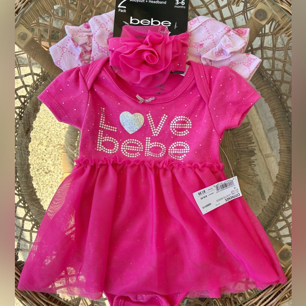 2 pack Love Bebe Hot Pink Sparkle Baby Dress Bodysuit w/headband 3-6M